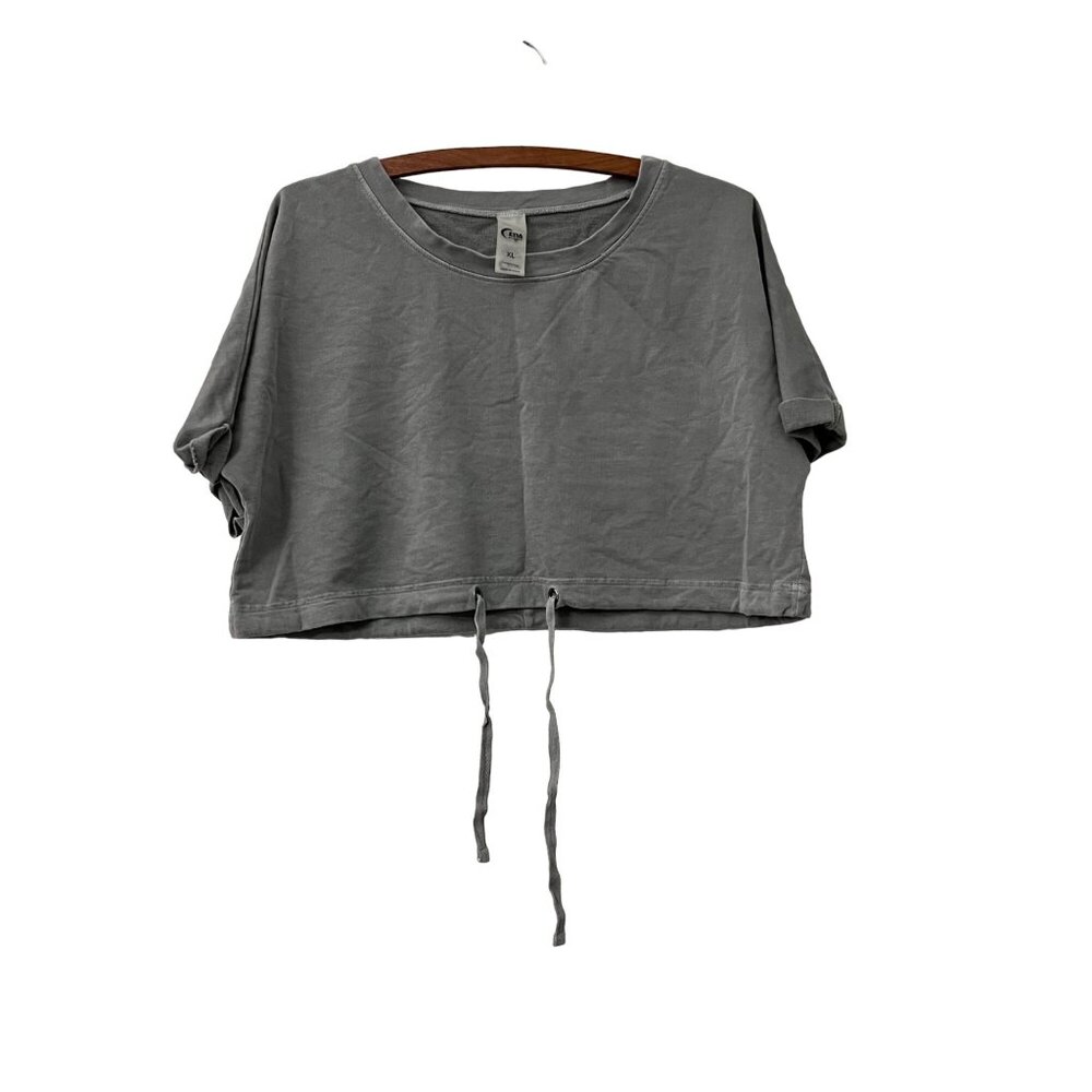Zyia Active Womens Gray Cropped Cuffed Sleeves Drawstring Waist Top Size XLarge